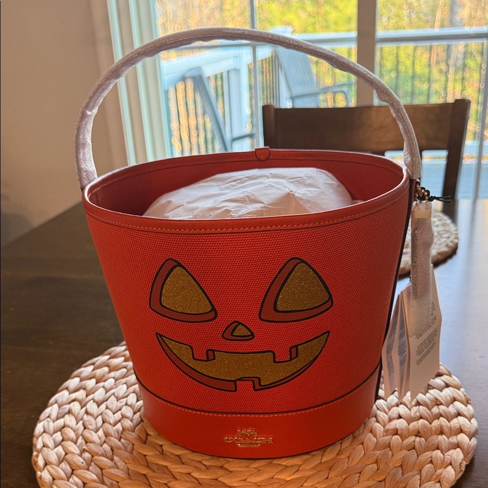 Coach Orange Pumpkin Bucket Tote with Gold Accent